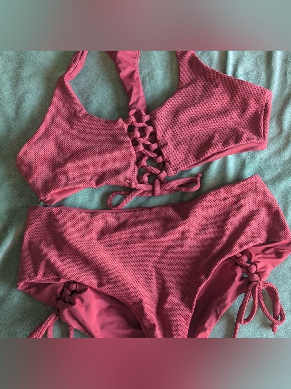 Strange Bikini Textured Lace-Up High-Waist Bikini Set in Brick Red